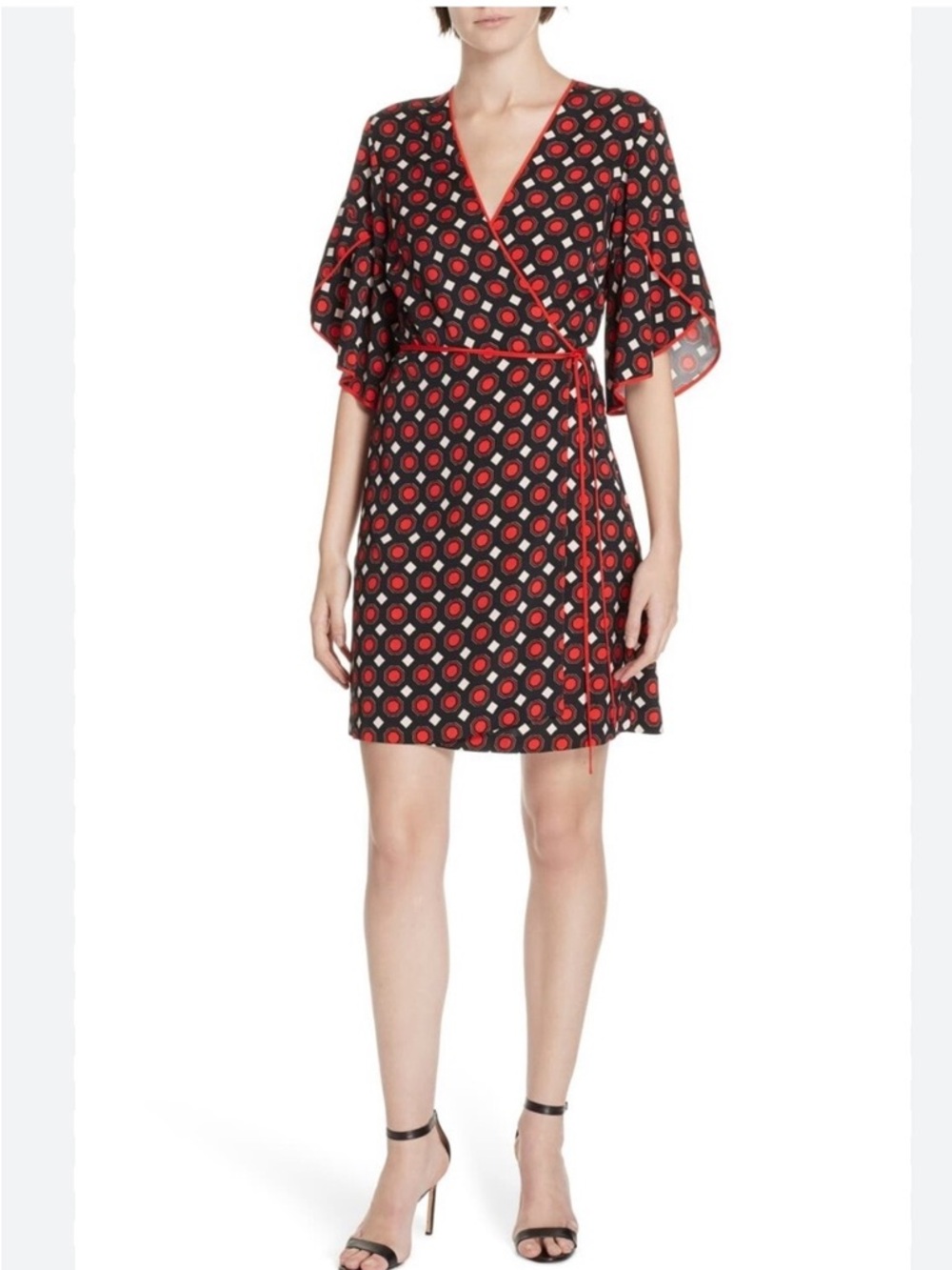 Diane Von Furstenberg Black, Red and Pink Geometric Mini Wrap Skirt size 10